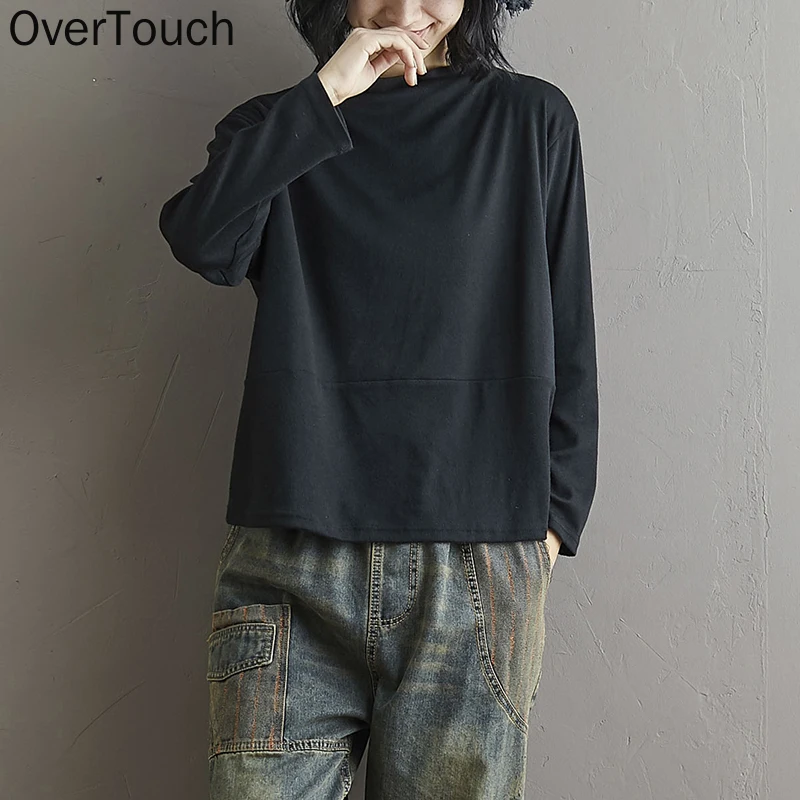 

Women T-Shirts Cotton Solid Turtleneck Shirts Loose Casual Lady Tops Tunic Tee Basic Oversize Long Sleeve Spring Clothes