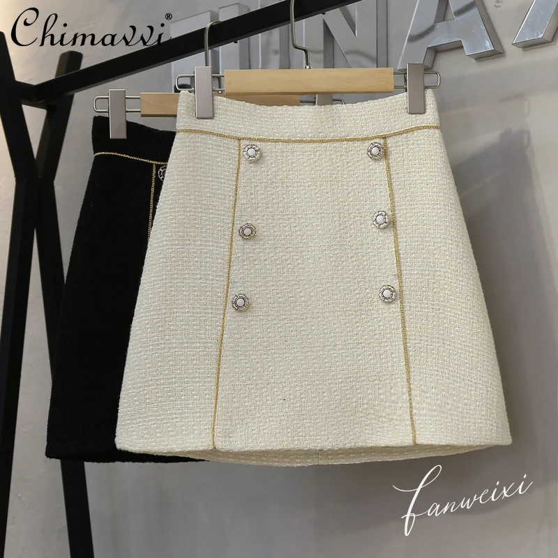 

Women's Winter Tweed Skirt 2021 Vintage Double Breasted High Waist Mini Skirt Female Korean Slimming A Line Hip Short Skirt