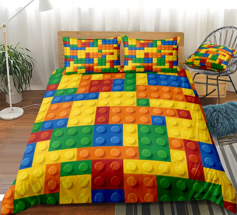 

BlessLiving Toy Print Bedding Set Dot Building Blocks Comforter Cover Kids Boy Bed Cover Colorful Bricks Game Bedlinen Wholesale