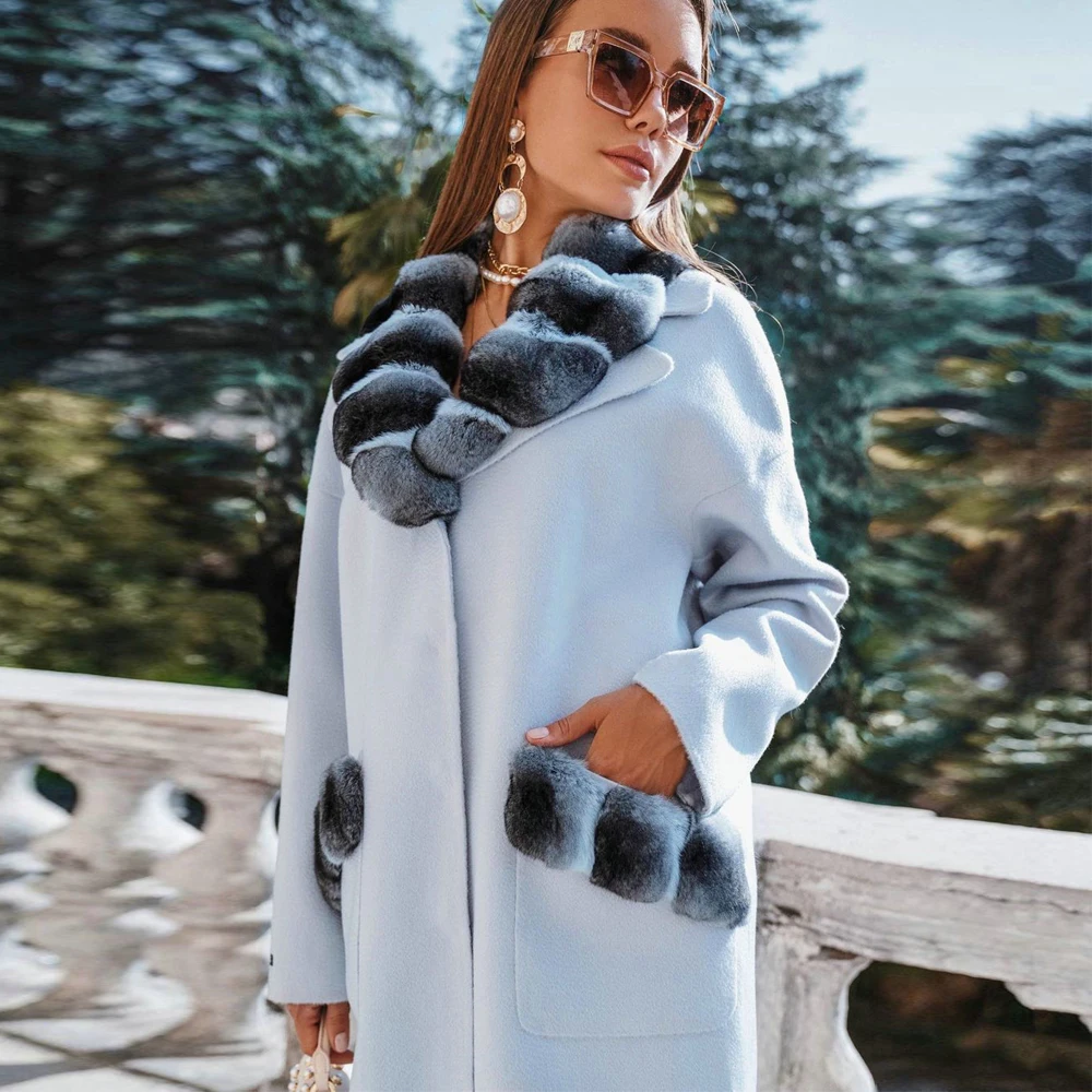 Fashion Long Wool Blends Coat with Rex Rabbit Fur Turn-down Collar Natural Women Genuine Rex Rabbit Fur Overcoats Luxury Female enlarge