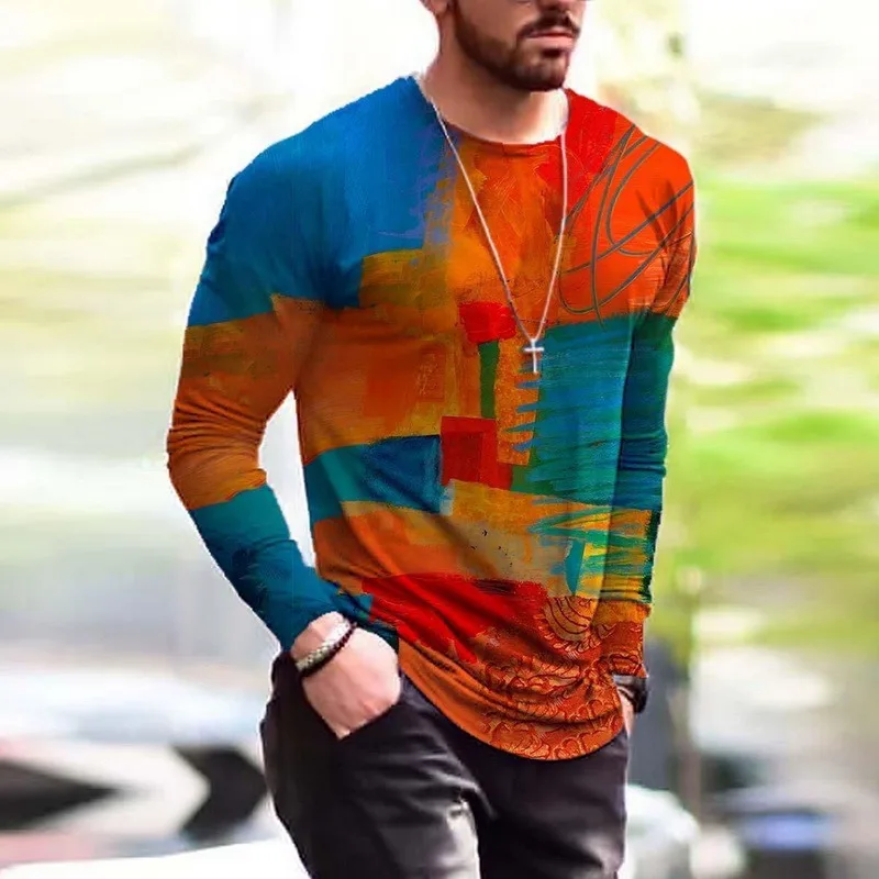

2021 New Men Fashion Abstract Painting Printing Casual Tops Summer Long Sleeves Tops Round Neck Athletic T-Shirts Plus Size