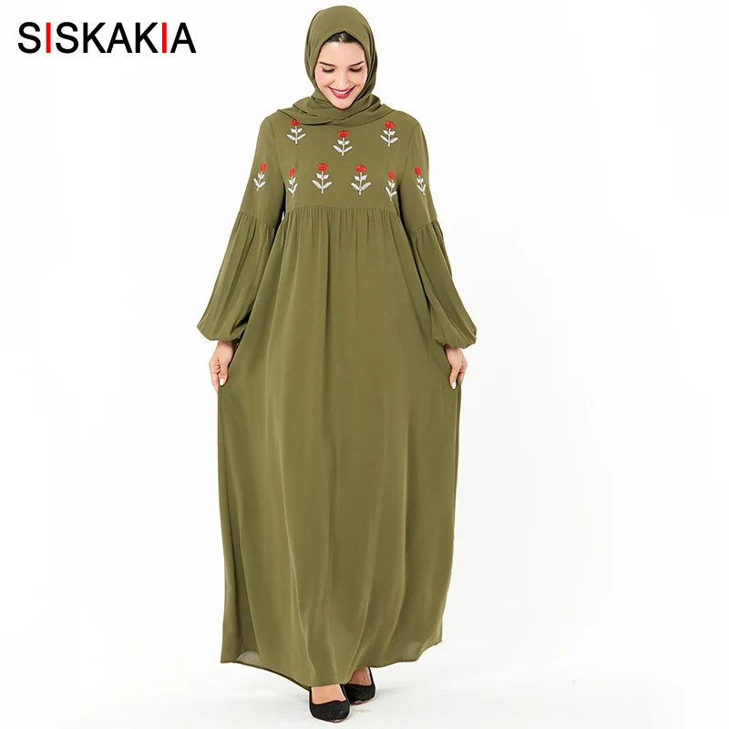 Green dress Siskakia платья в арабском стиле элегантные цветочные вышивка высокая талия качели мусульманское платье макси женские платья больших размеров зеленые осенние - Цвет: Green dress
