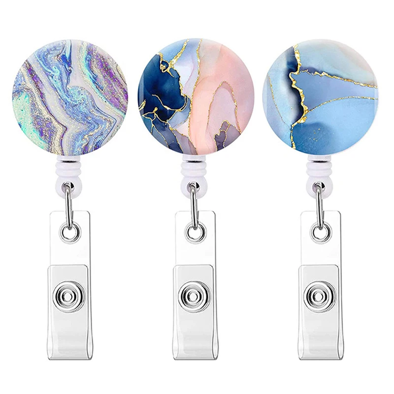 Marble Pattern Key Ring ID Badge Lanyard Name Tag Card Holder Reel Belt Clip