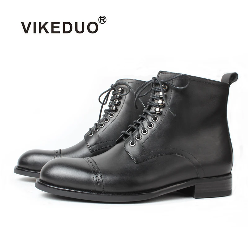 

Vikeduo Hand Made Vintage Fashion Design Black Calfskin Men Genuine Leather Martin Boots Shoes