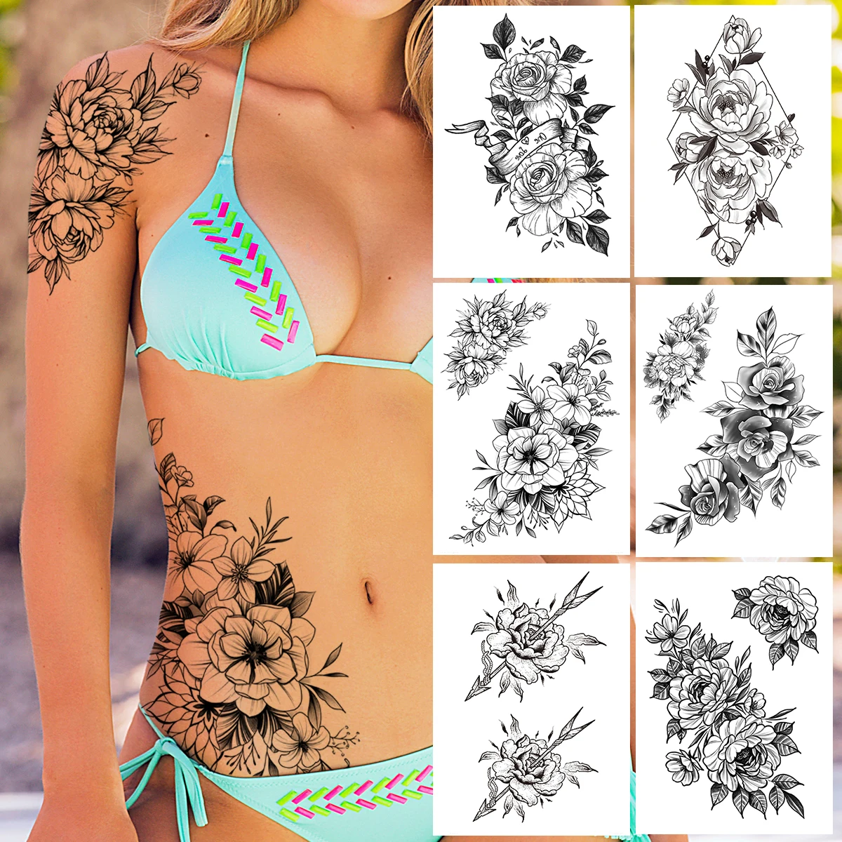 

Сексуальный цветок пион, временная татуировка для женщин и девушек, большая геометрическая искусственная наклейка, искусственный далийски...