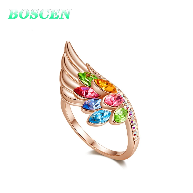 Многоцветный BOSCEN украшенное кристаллами от Swarovski кольцо для женщин день рождения подарок на день Святого Валентина Красочные павлиньи крылья романтический - Цвет камня: Многоцветный