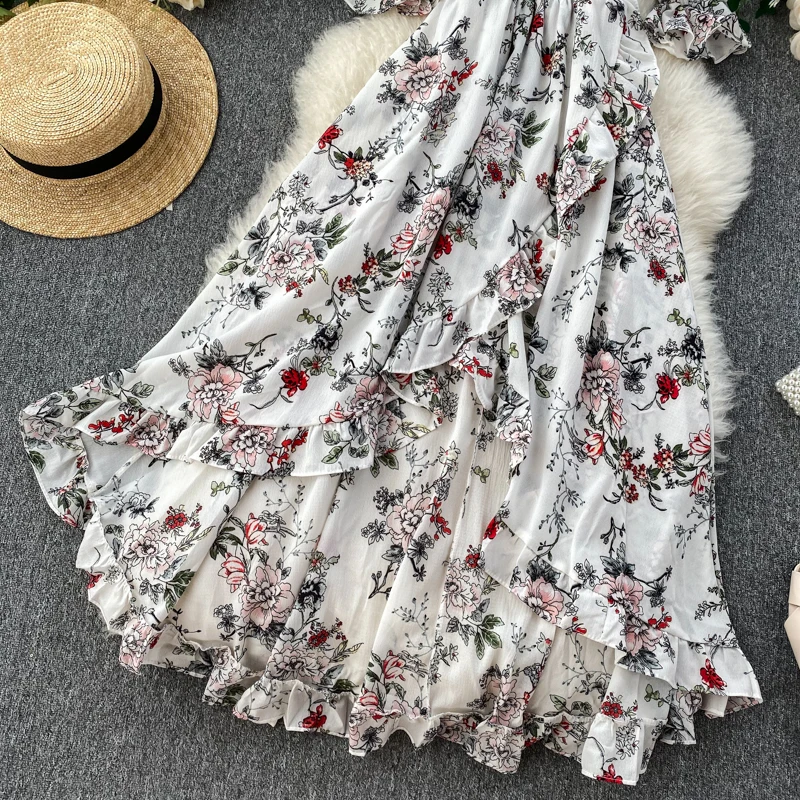 

Seaside Holiday Floral Print Dress Women Beach style Slash neck off-Shoulder High Waist Dress Summer Irregular Ruffles Sundress