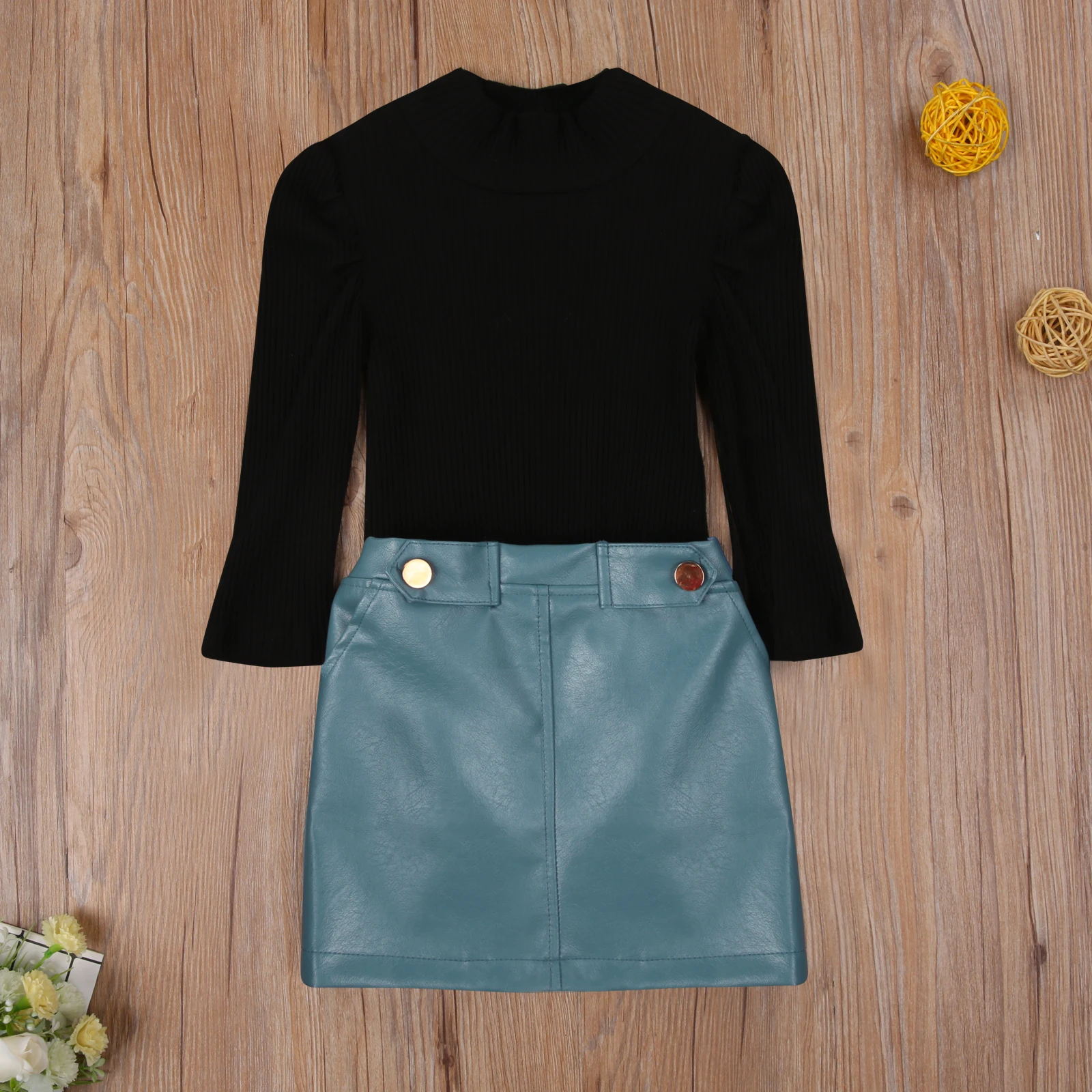 3 Colors Baby Girl Children's Two Piece Set Girls' Knitted High Neck Bubble Sleeve Sweater Button Leather Skirt 1-6 Years | Детская