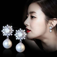 fashion cz zircon pearl earrings for women luxury silver color flower drop earrings bridal wedding party brincos