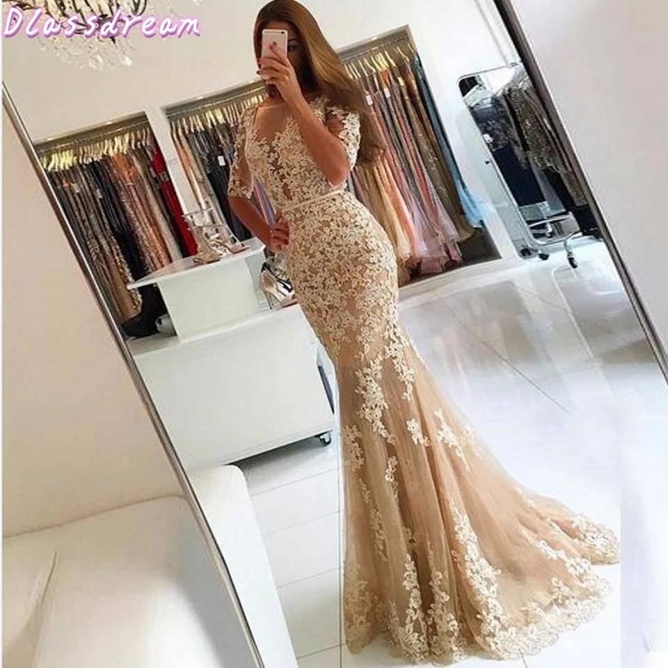

Champagne Mermaid Evening Dresses 2020 Women Formal Party Night Prom Dress Elegant Half Sleeves Appliques Long Robe De Soiree