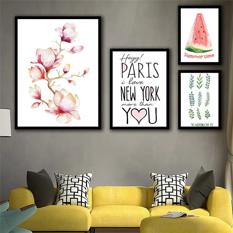 Картина безрамочная постер на холсте "Цветные листья растений, цветы, фрукты, арбузы" в стиле северной Европы для украшения гостиной.