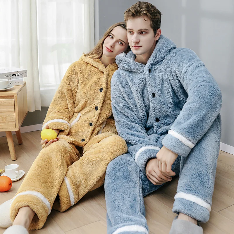 

2021 Women's Autumn Winter Flannel Pyjamas Hooded Solid Loose Thick Female Sleepwear Single Breasted Long Pants Warm Pijama