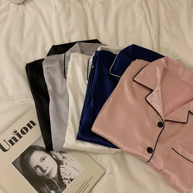 

Women Long Sleeve Pajama Sets Solid Silk Nightwear Elegant Womens Pajamas Breathable Leisure Simple Lounge Wear Ins Loose Comfy