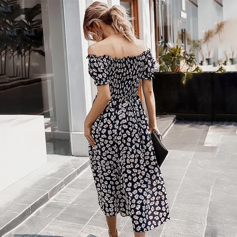 

Bohemian Flower Print Short Sleeve Women Long Dress Summer High Waist Sexy Slash Neck Holiday Casual Ladies Beach Dress