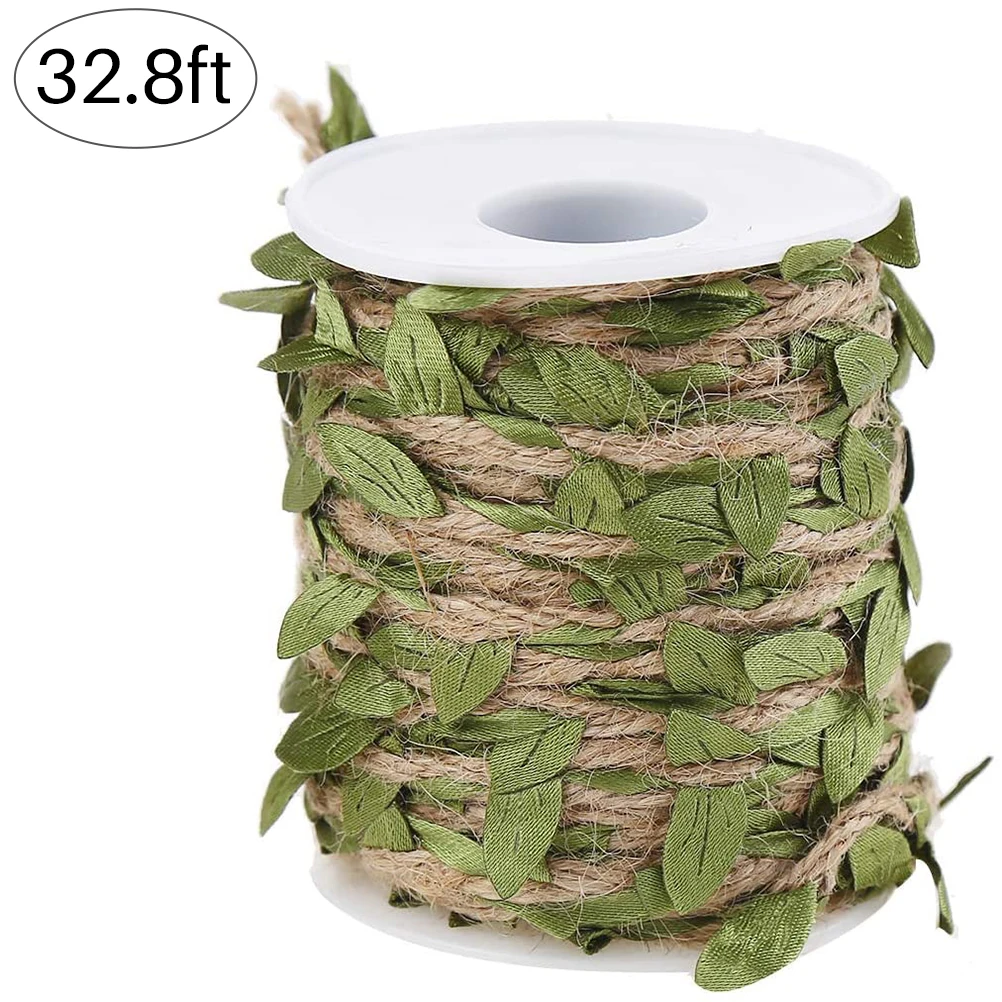 

Natural Jute Twine Creative Burlap Leaf Ribbon with Artificial Green Leaves for Art and Crafting Home Party Decoration