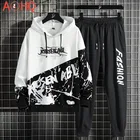 Корейский модный спортивный с напечатанной надписью в стиле хип-хоп, из кусков, мужские толстовки с капюшоном, Комплекты Одежда для улицы; Одежда для тонкий молодежная мода спортивный костюм комплект из 2 предметов
