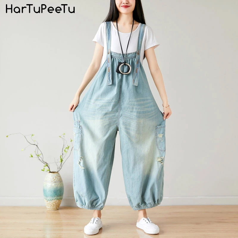 Casual Jeans Jumpsuit Women Wide Leg Denim Bib Pants Ripped Loose Overalls with 5 Loops Vintage Washed Pocket Backless