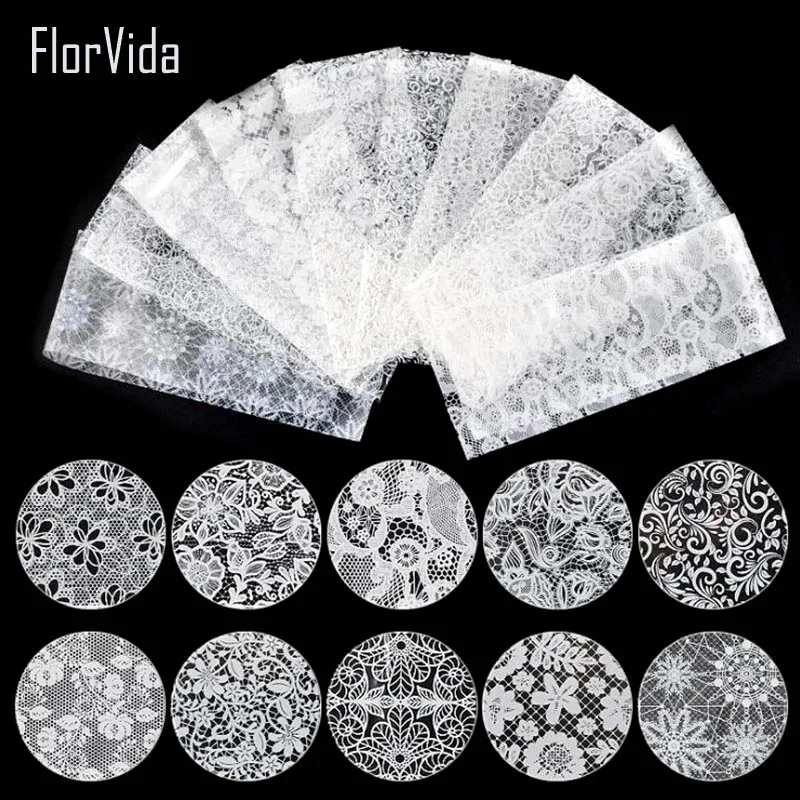 10 шт./компл. красивые кружевные Не липкие для украшения ногтей белые черные серия