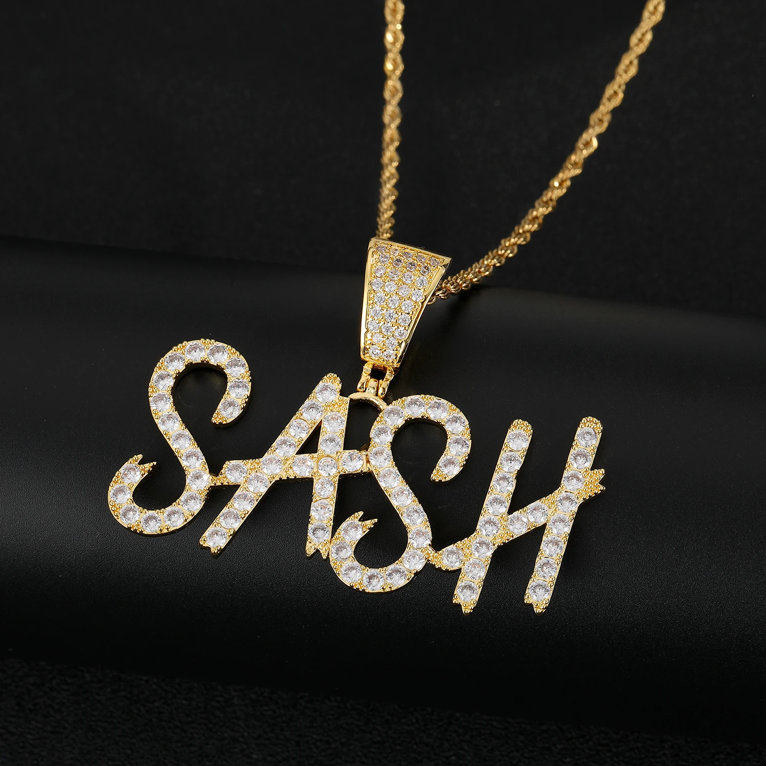 DOREMI New Hiphop Custom Name Cursive Writing Initial Letters Pendant Necklace Words Full Iced Cubic Zirconia Jewelry Chain