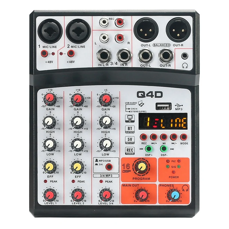 

4 Channels Audio Sound Mixer Mixing DJ Console USB with 48V Phantom Power 16 DSP Effects (EU Plug)