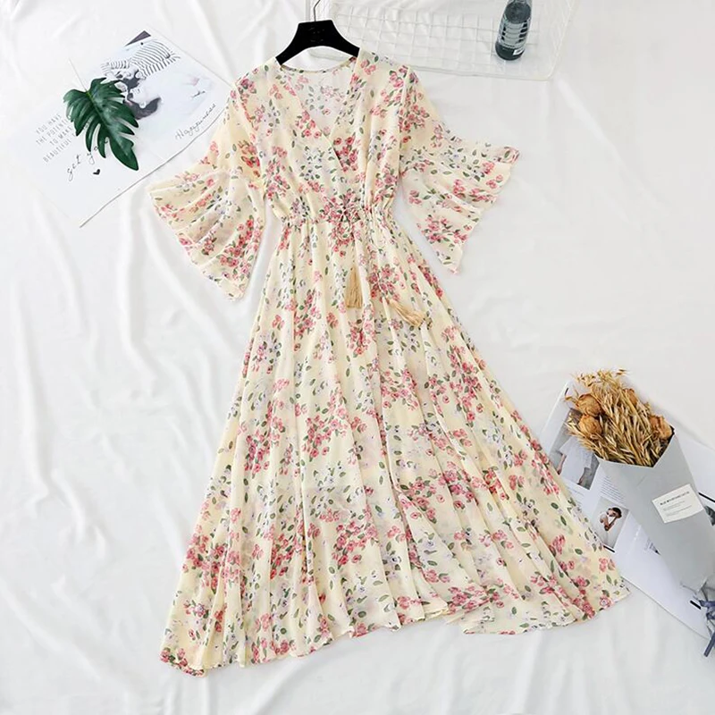 Женское шифоновое платье с цветочным принтом летнее трапециевидной формы