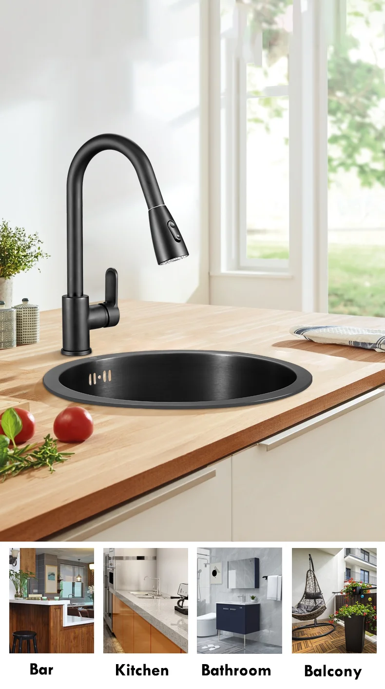 Круглая раковина кухонная из нержавеющей стали одинарная чаша черного цвета