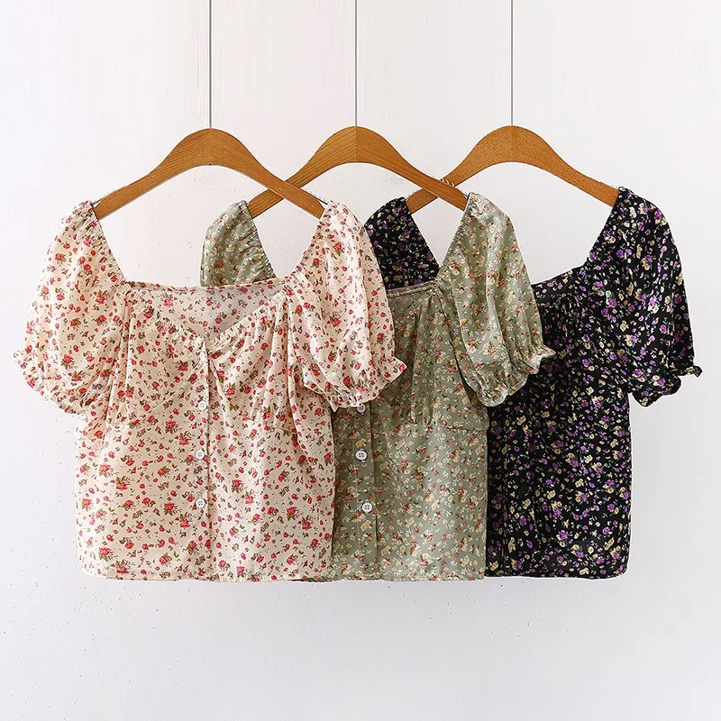 

Chiffon Shirts For Women Fashion Sweet Floral Print Blouse Casual Wild Square Collar Short Sleeve Blouse Top