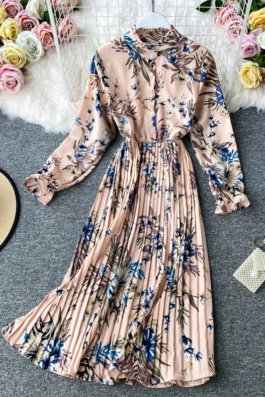 

Autumn Vintage Draped Long Sleeve Printed Dresses For Women 2020 Runway Elegant Chiffon Pleated Midi Woman Dress