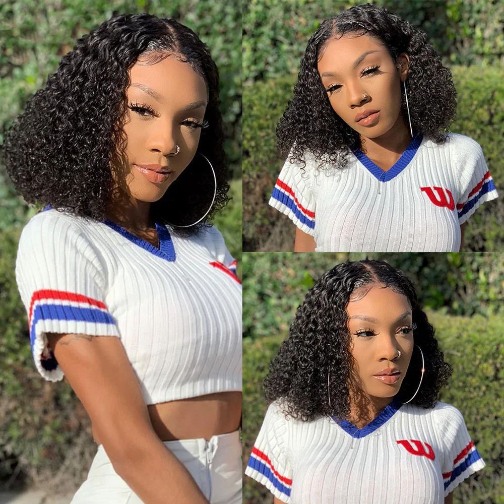 

Oulaer вьющиеся волосы боб парик из человеческих волос для черных женщин 13X4 HD прозрачные кружевные передние парики предварительно выщипанные ...