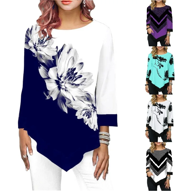 

2021 new women's clothing, new printed round neck T-shirt in early autumn, irregular printed hem top