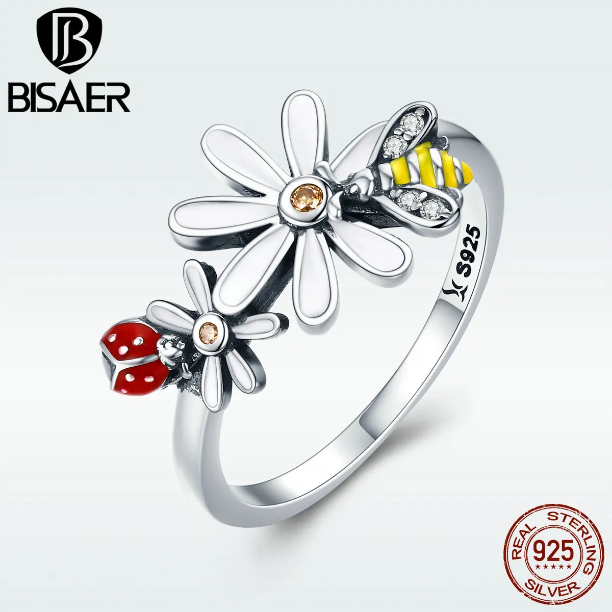 BISAER, 925 пробы, Серебряное женское насекомое, Божья коровка на палец, цветок маргаритки, кольца для женщин, обручальное кольцо, ювелирное изделие, Anel GXR311