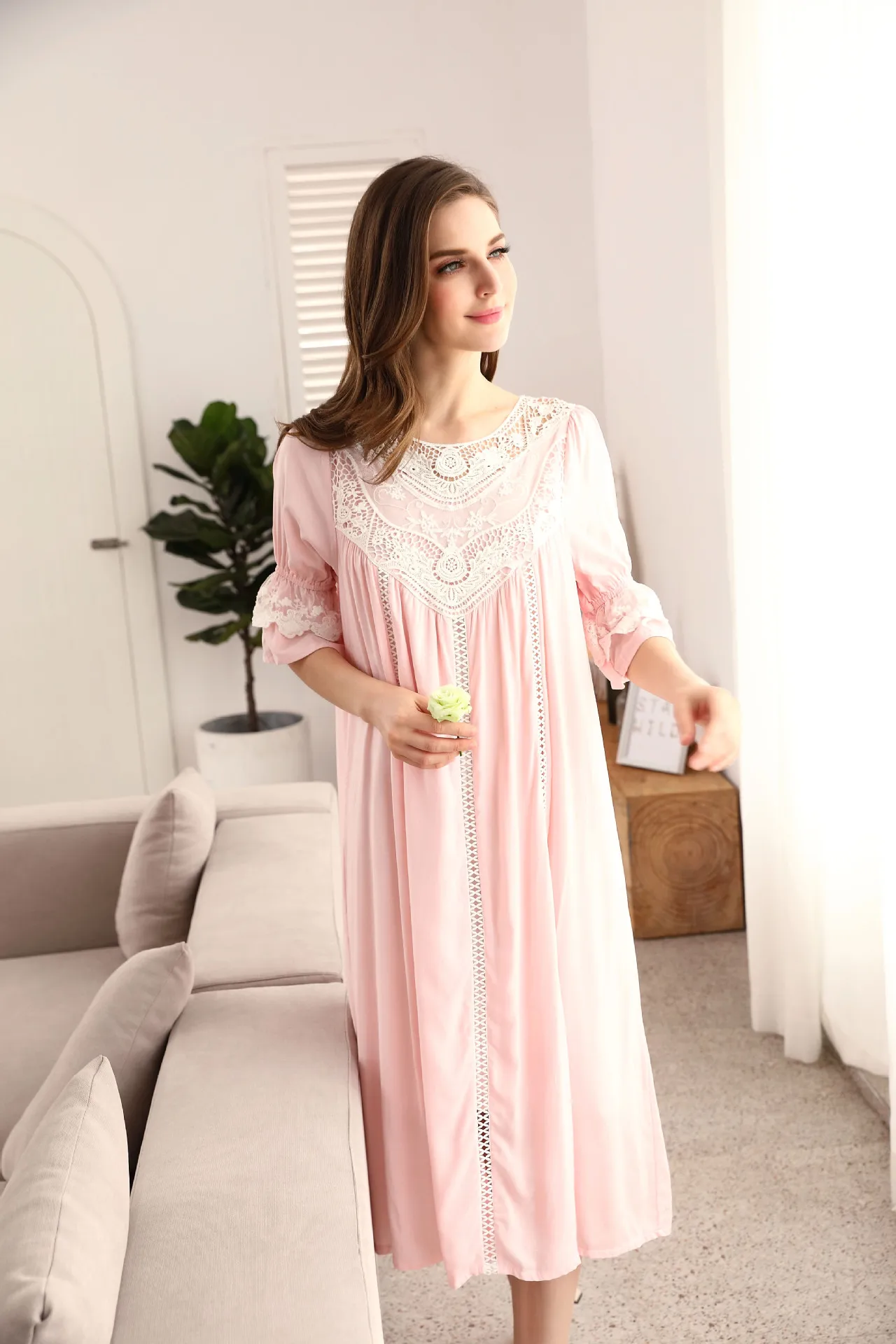 Spring Summer Cotton Women's Nightdress Sexy Lace Nightgown  V-neck Nightdwear Lady Court Style Retro Large Size Home Clothes