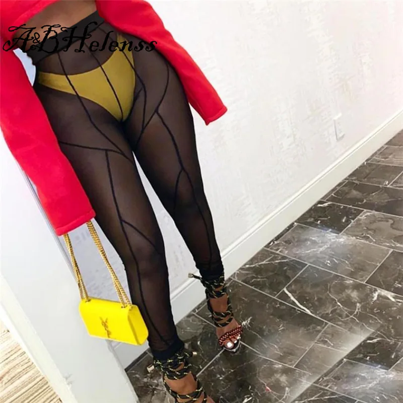 

A&BHelenss 2021 Summer Sexy Striped Sheer Mesh See Through Night Club Party Pants Streetwear Women