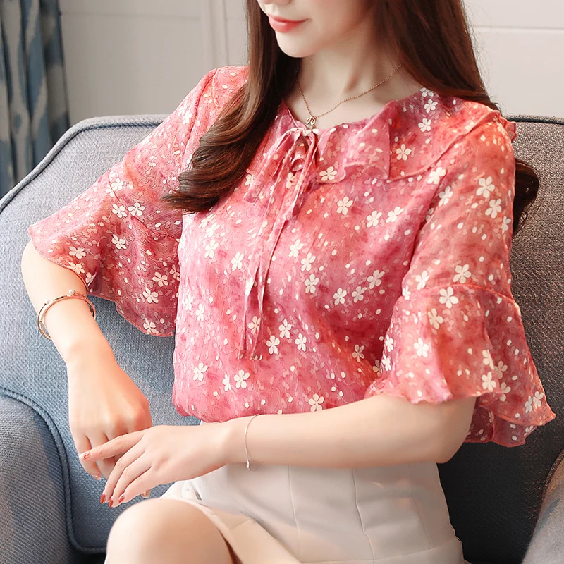Повседневная Блузка с оборками и круглым вырезом топы Новинка 2019 модная женская
