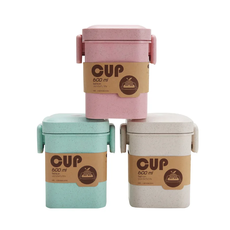 

600ml Portable Wheat Straw Square Soup Cup Microwave Sealable Soup Can Holiday Gift Food Sealed Can Food Container Bento Box