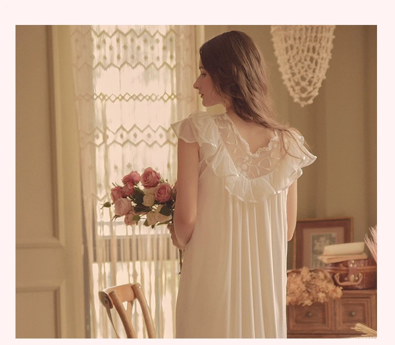 

Cotton Nightgown Women 2021 Summer French Court Fairy Princess Retro Nightdress Lace Silk Girl Modal Loose Sleeping Dress
