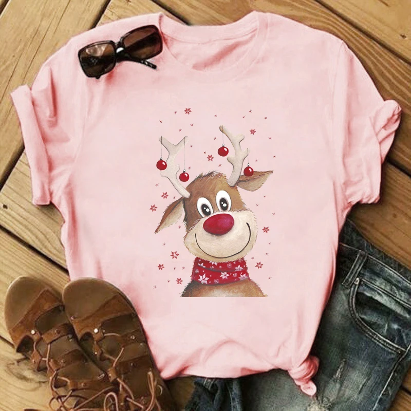 

WVIOCE Ladies Funny Christmas Gift Cartoon Cute Christmas Elk Print Ladies T-shirt Oversized Casual Street Women Top Tee