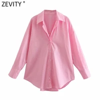 zevity new women simply single breasted poplin pink shirt office lady long sleeve business blouse roupas chic blusas tops ls9288