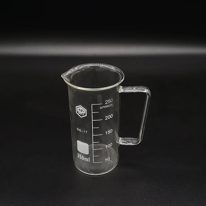 With handle Beaker in tall form,Capacity 250ml,Outer diameter=60mm,Height=124mm,Laboratory beaker