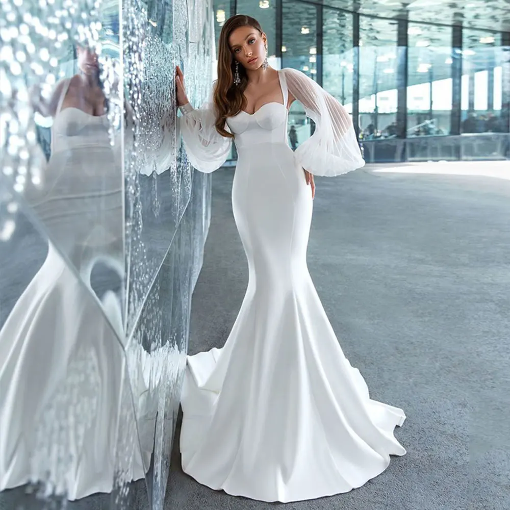 

Elegant Satin Mermaid Sweetheart Wedding Dress Slim Long Pleated Sleeve Hollow Bridal Gowns Zipper Plus Sizes Vestido De Noiva