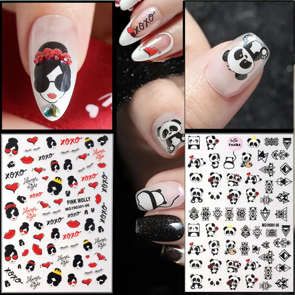 

Newest MG301-06 801-08 cartoon panda design 3d nail sticker back glue nail decal Japan type DIY decorations for nail wraps
