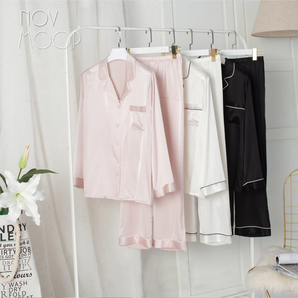 Novmoop Korean elegant fashion style stretch silk full sleeve shirt and pants women summer sleeping pajamas two sets LT3103