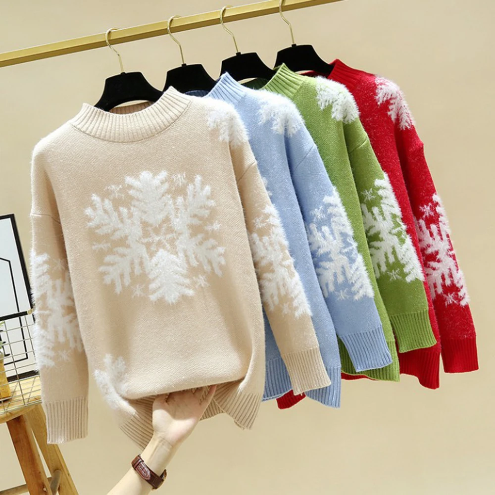 

Autumn Winter Snowflake Print Knitted Sweater Long Sleeve O Neck Pullover Female Pullover Thicken Warm Loose Sweaters