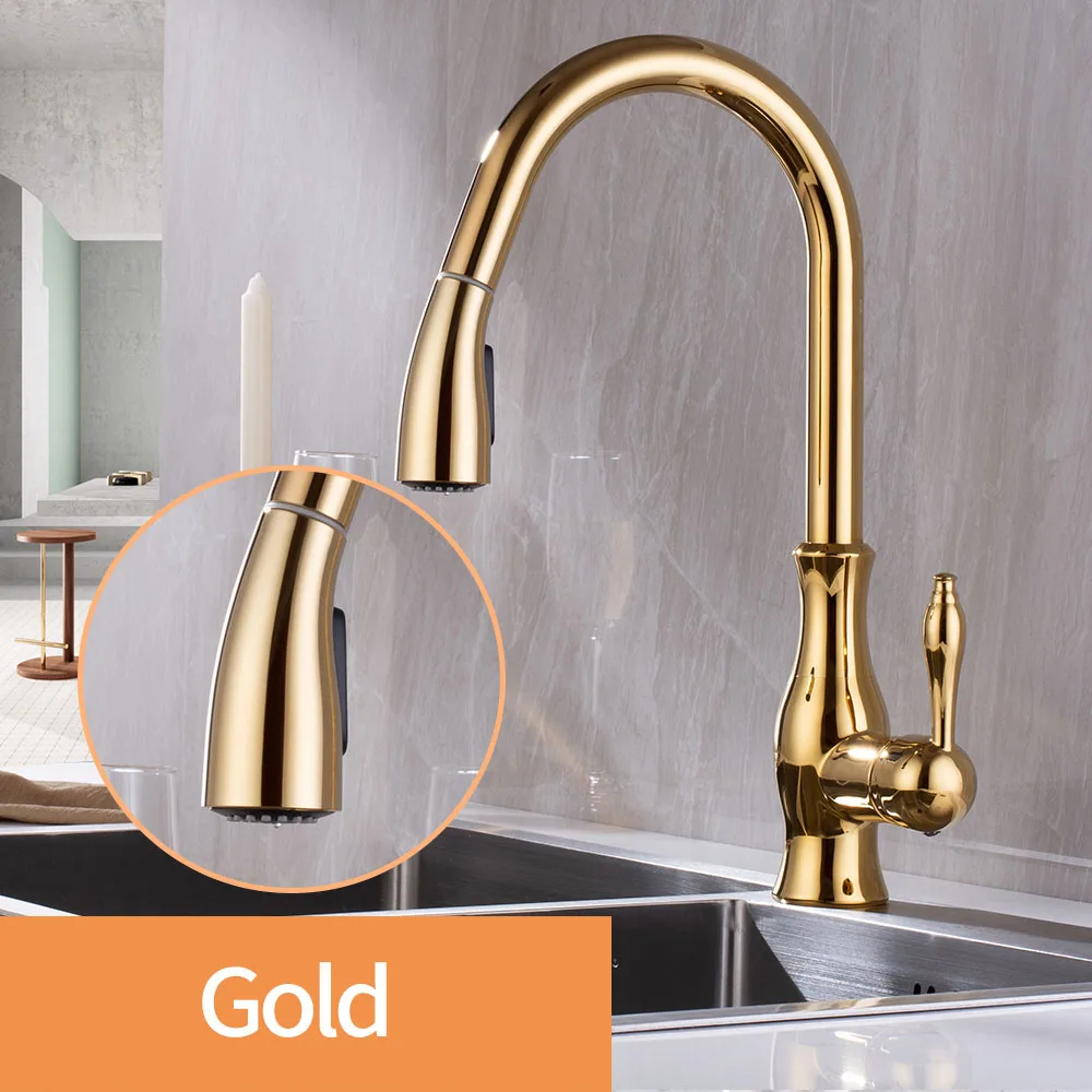 Gold Выдвижной кухонный кран, латунный распылитель, хромированный кухонный кран, поворотный кран на 360 градусов, смеситель для раковины - Цвет: Gold