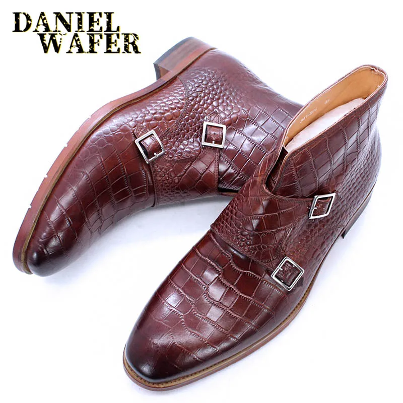 

Fashion Crocodile Men Ankle Boots Genuine Leather Shoes Slip On Double Monk Strap Casual Men Dress Shoes Black Brown Boots Men