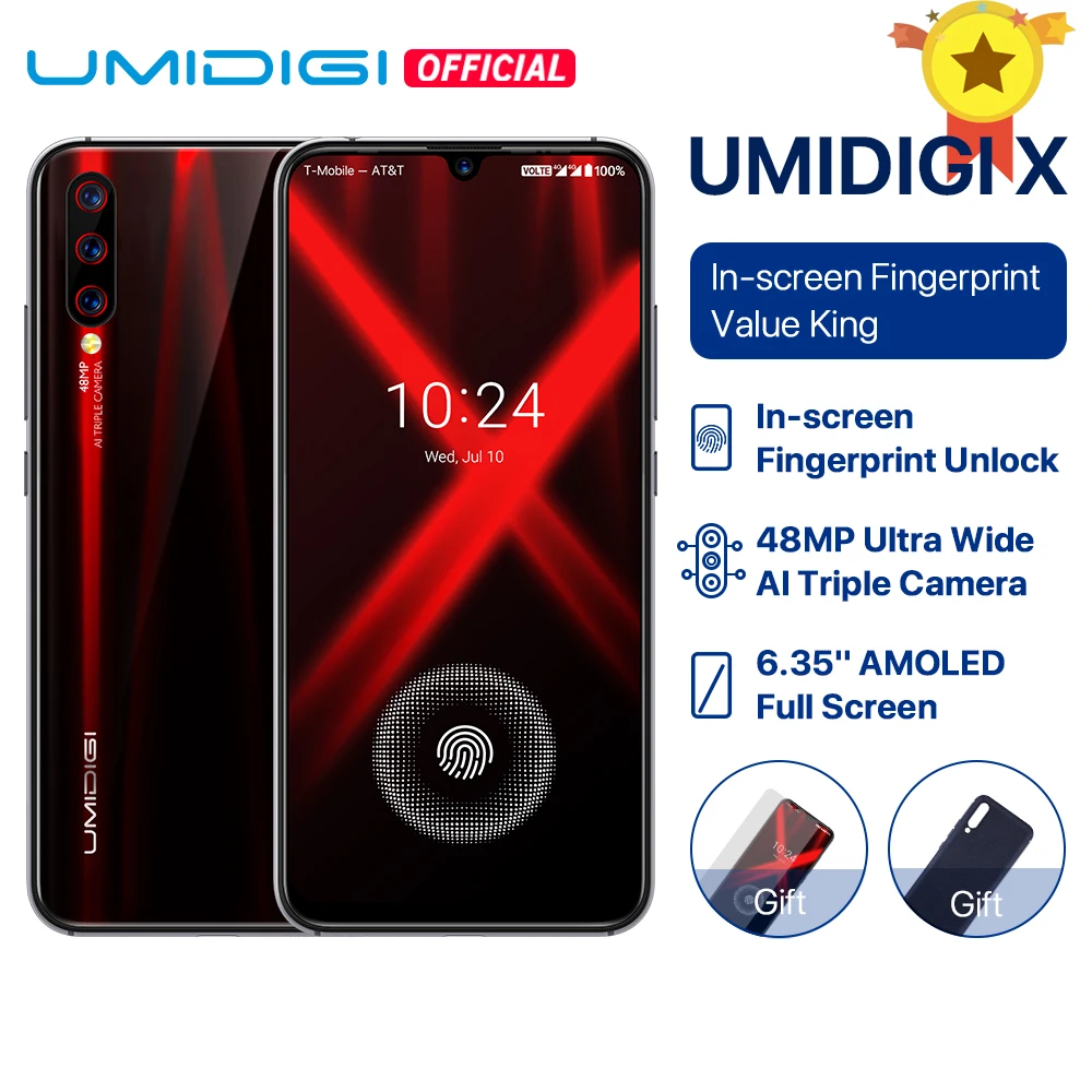 Смартфон UMIDIGI X In-screen Fingerprint Global Version 6,3" AMOLED 48MP с тройной задней камерой 128 ГБ NFC Helio P60 4150 мАч