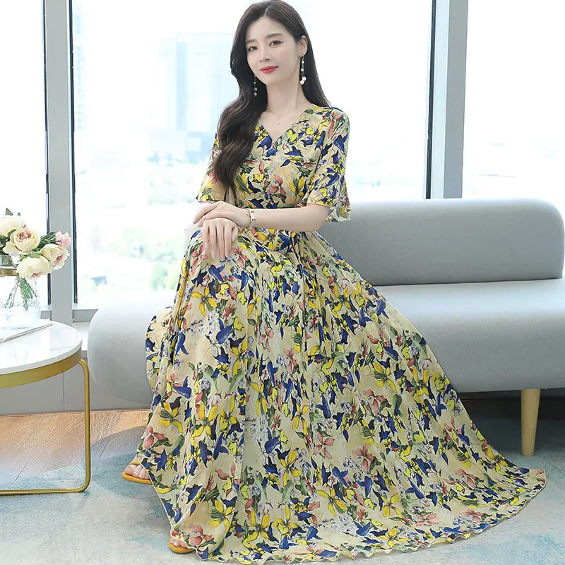 

Plus Size 2021 New Summer Women Dresses Casual Short Sleeve Lady Vintage Chiffon Dress Fashion Slim Floral Print Beach Dress