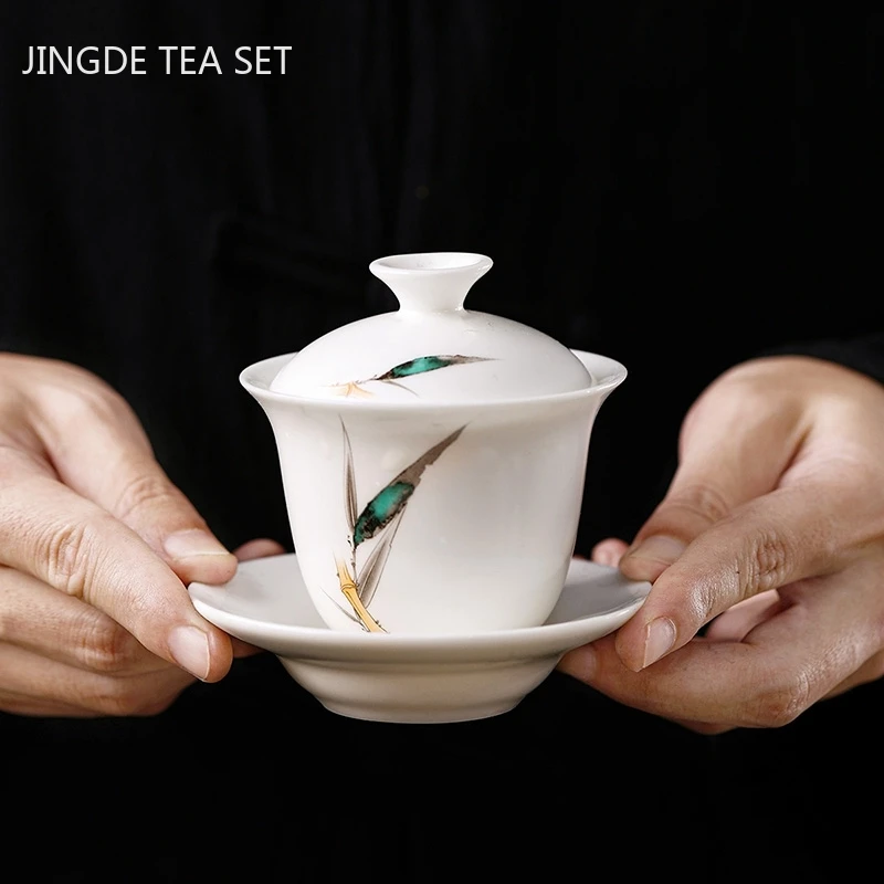 

Boutique Suet Jade White Porcelain Gaiwan Handmade Ceramic Teacup Travel Tea Bowl Home Teaware Accessories Drinkware 130ml