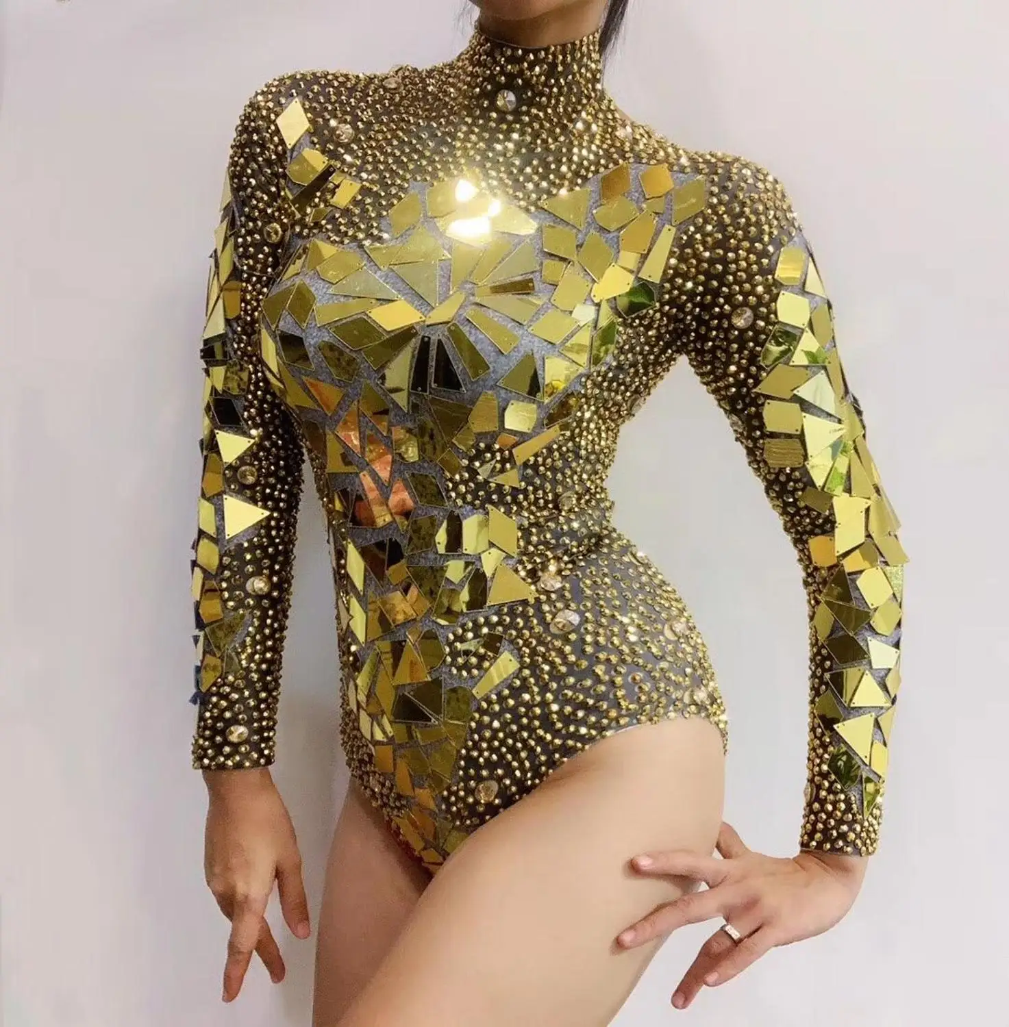 Gold Silver Rhinestones Mirrors Bodysuit Elastic Skinny Crystal Sequins Jumpsuit Birthday Party Nightclub Singer Dancer Costume