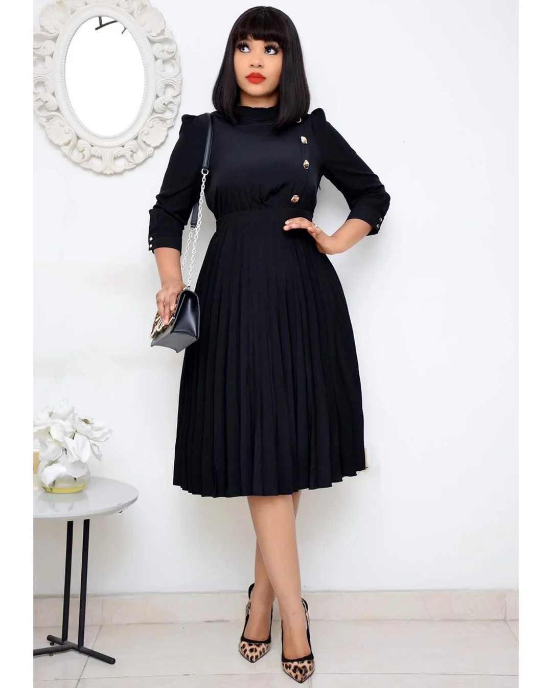 

Vestidos Elegant Classy Work Wear Knee Length Large Size Women Pleated Dress High Waist with Button Modest Office Ladies